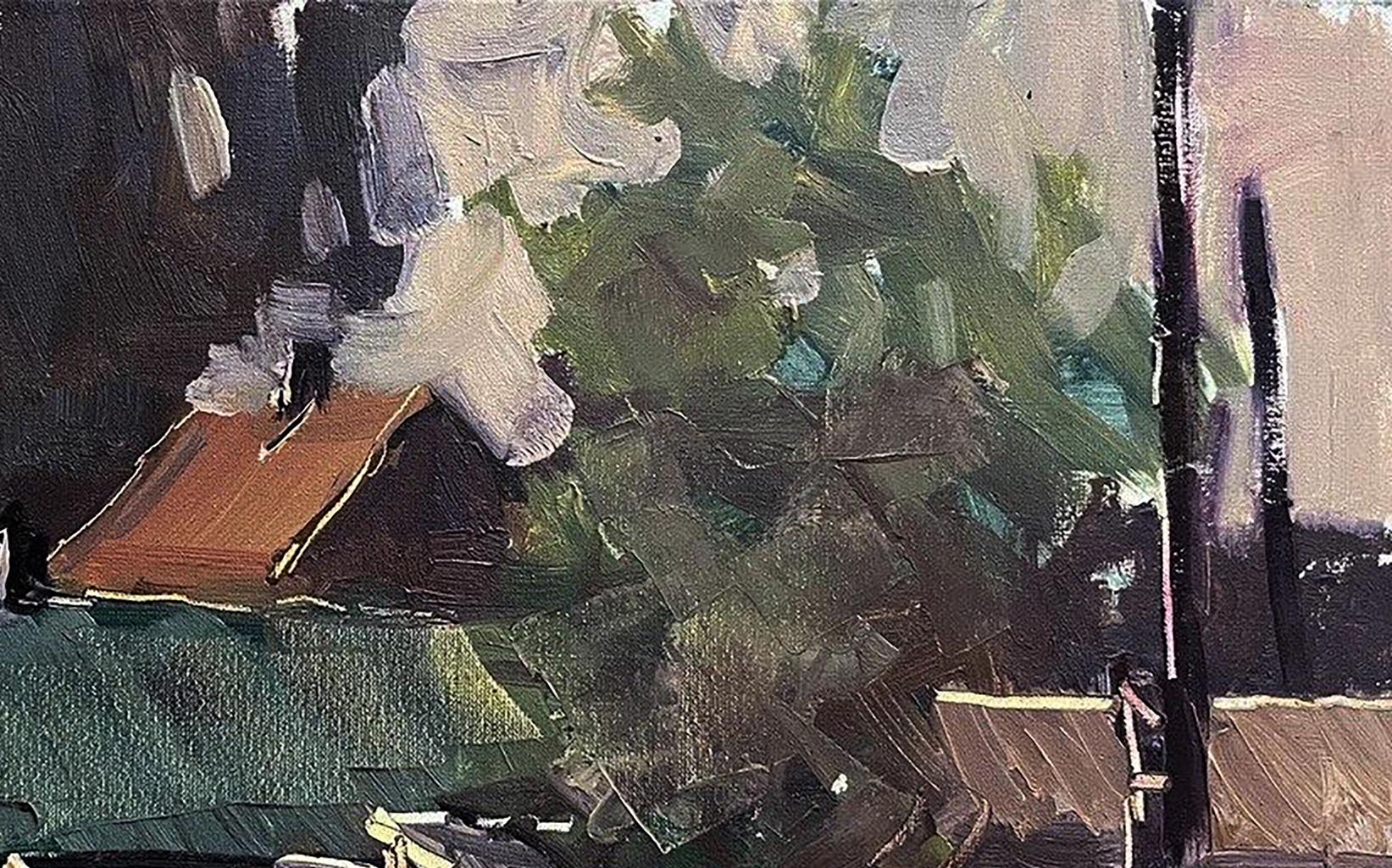 Oil painting Study in the village Volodymyr Pashchenko: textured rustic shingled roof in lush foliage