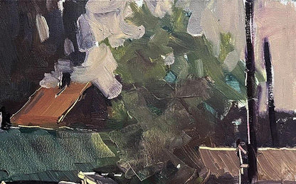 Oil painting Study in the village Volodymyr Pashchenko: textured rustic shingled roof in lush foliage