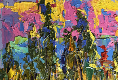 Vibrant Oleksiy Ivanyuk oil painting of yellow sunset rays in bold textured colors