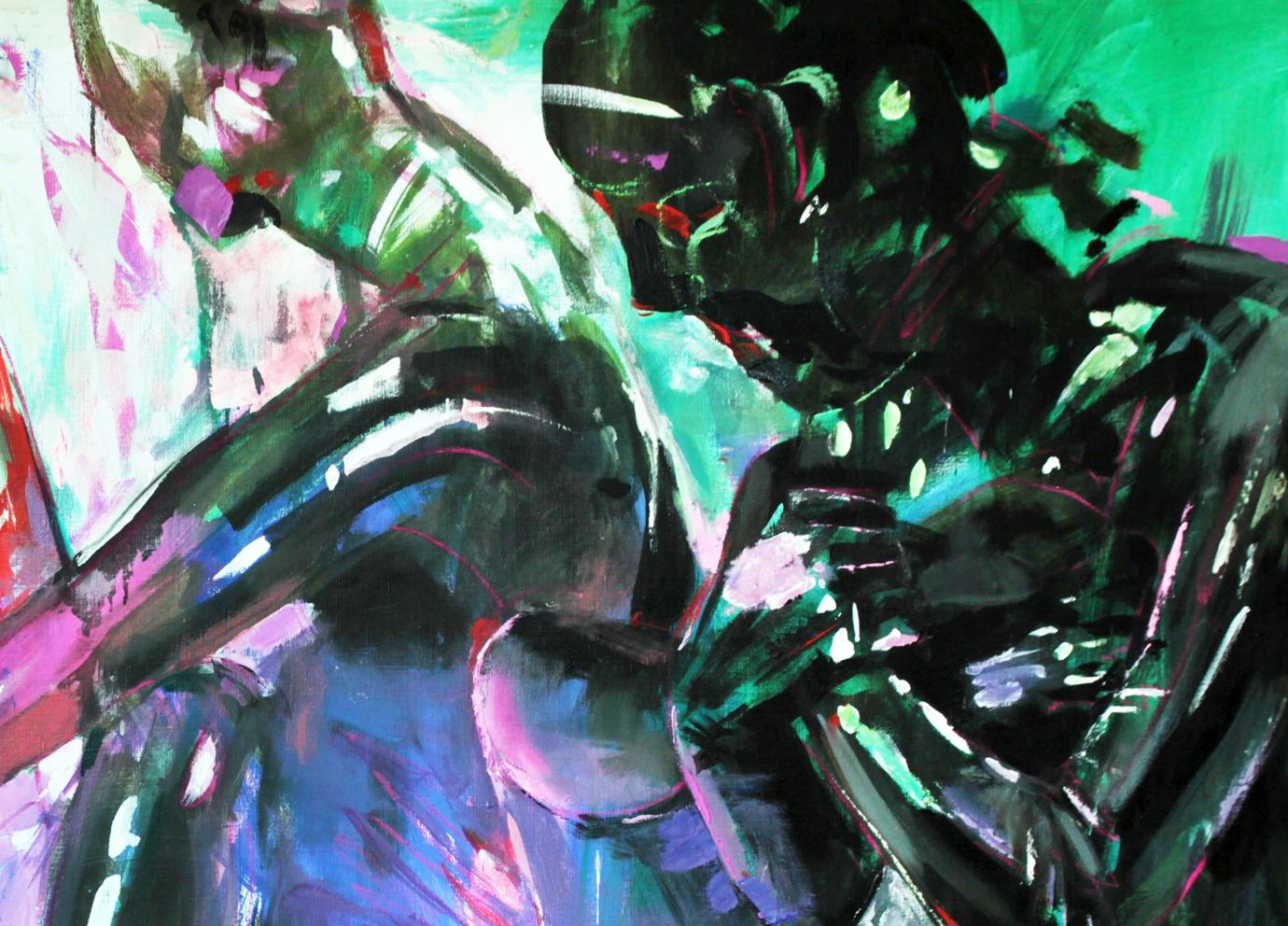 Oil painting Asana Ed Potapenkov with bold swirling black green purple blue strokes on teal
