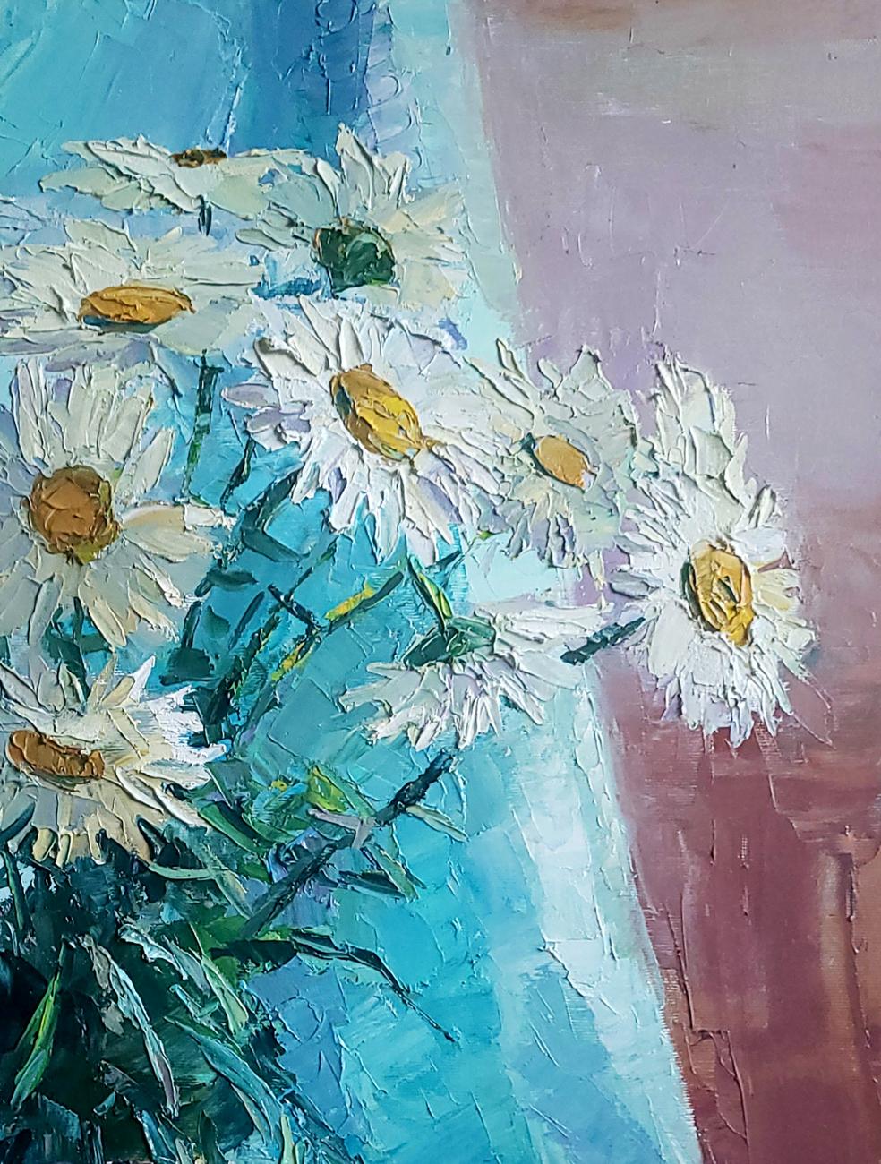 Vibrant impressionist oil painting of white chamomile daisies by Boris Serdyuk