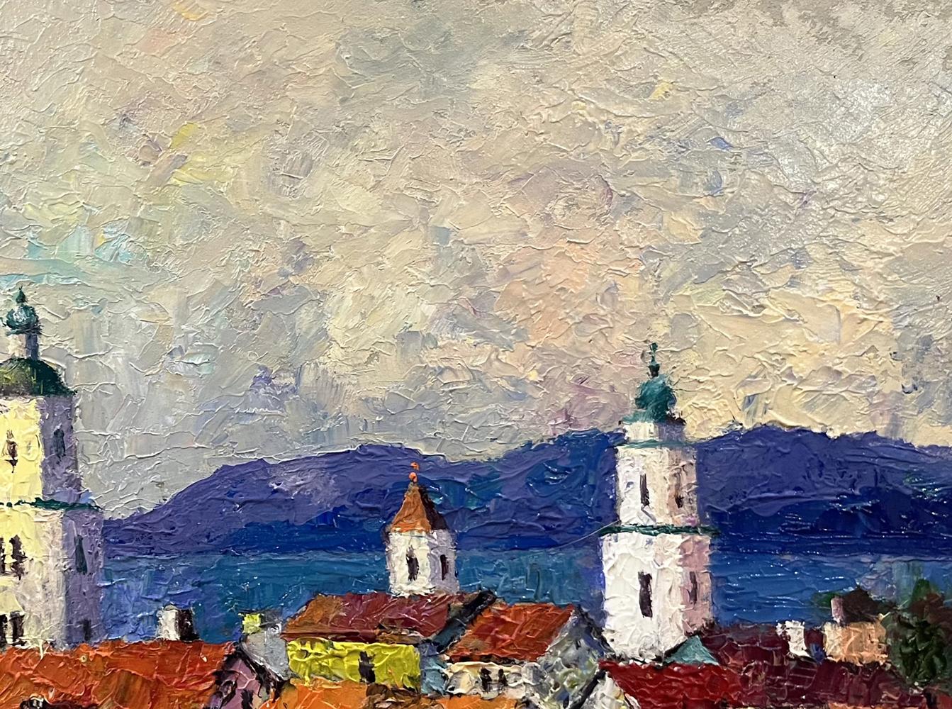 Impressionistic oil painting by Serhiy Rybak of town with white towers