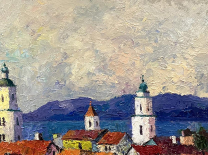 Impressionistic oil painting by Serhiy Rybak of town with white towers