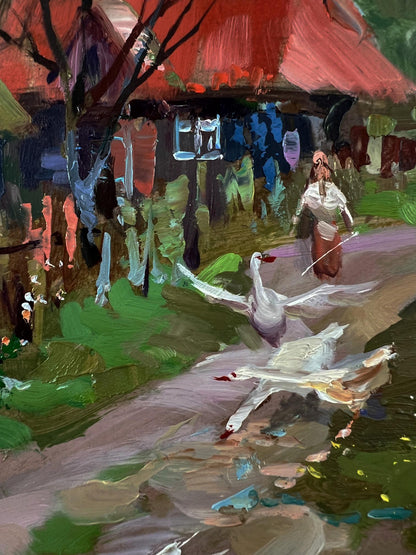 Oil painting Geese in the village by Yuriy Suprunchuk vibrant impressionist art