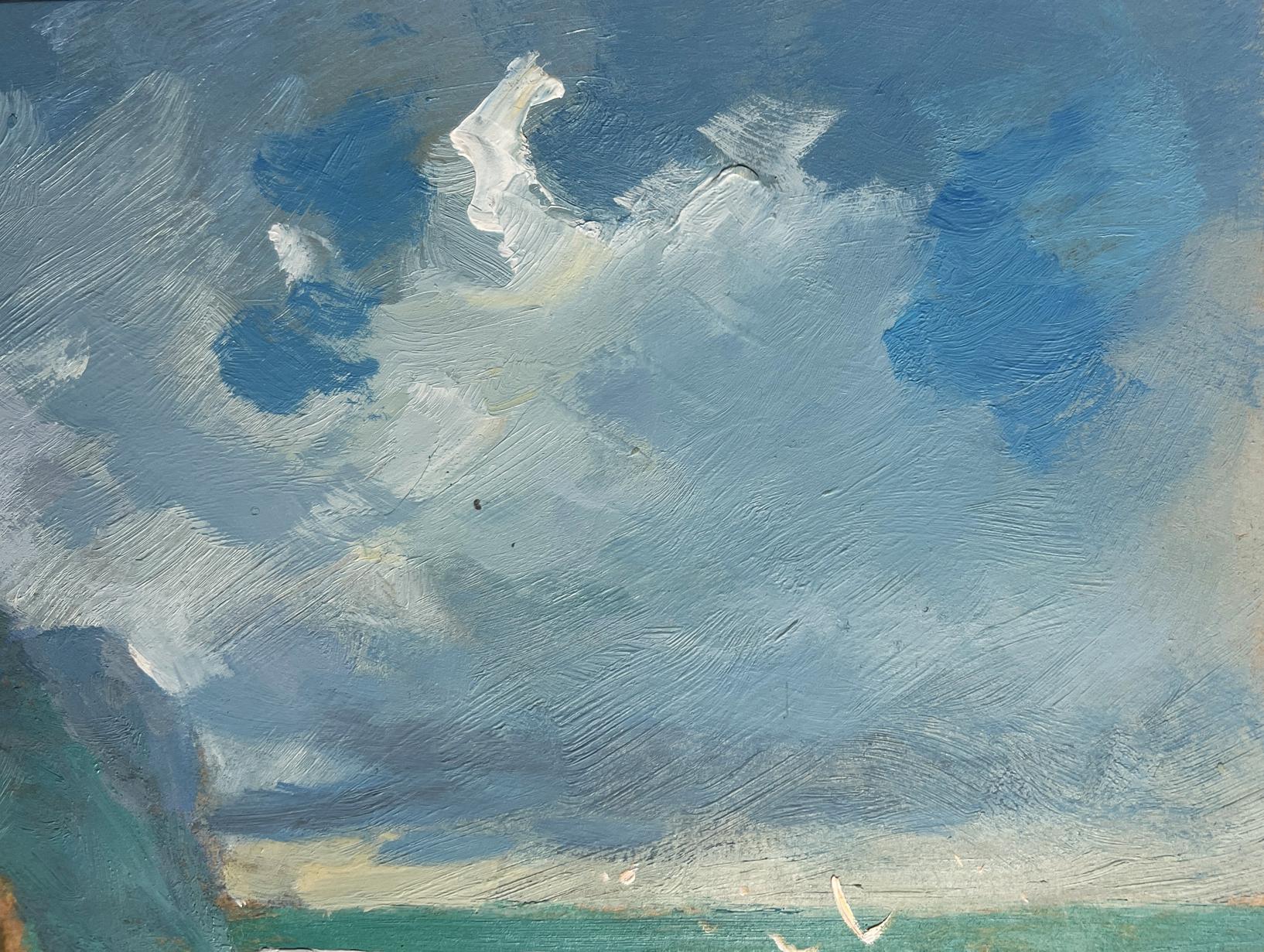 Oil painting Sailing to the shore on a boat by Yuriy Suprunchuk with swirling sky