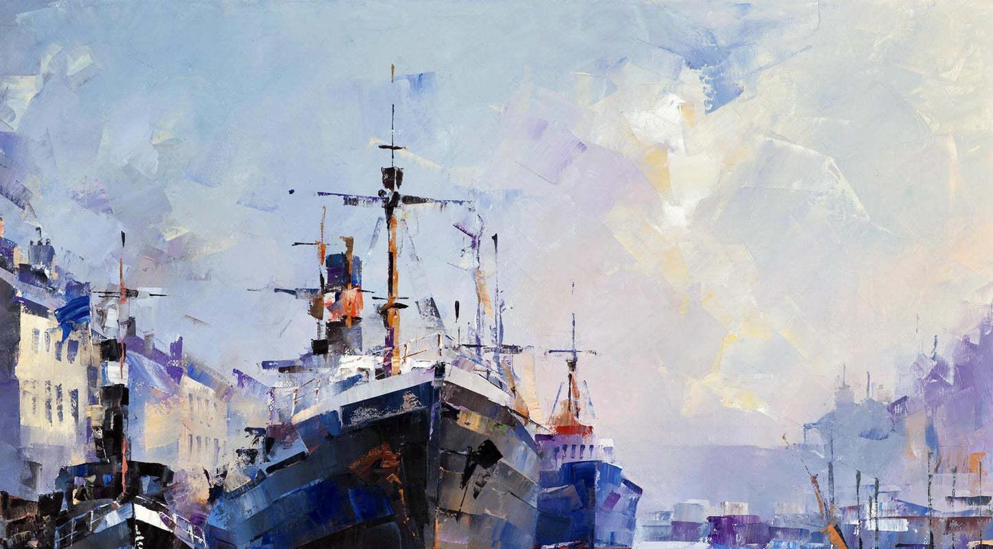 Oil painting Morning Glow by Volodymyr Gluhomanyuk: blue gray ship in harbor