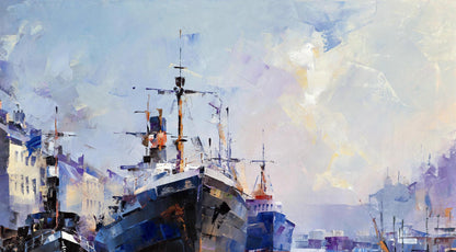 Oil painting Morning Glow by Volodymyr Gluhomanyuk: blue gray ship in harbor