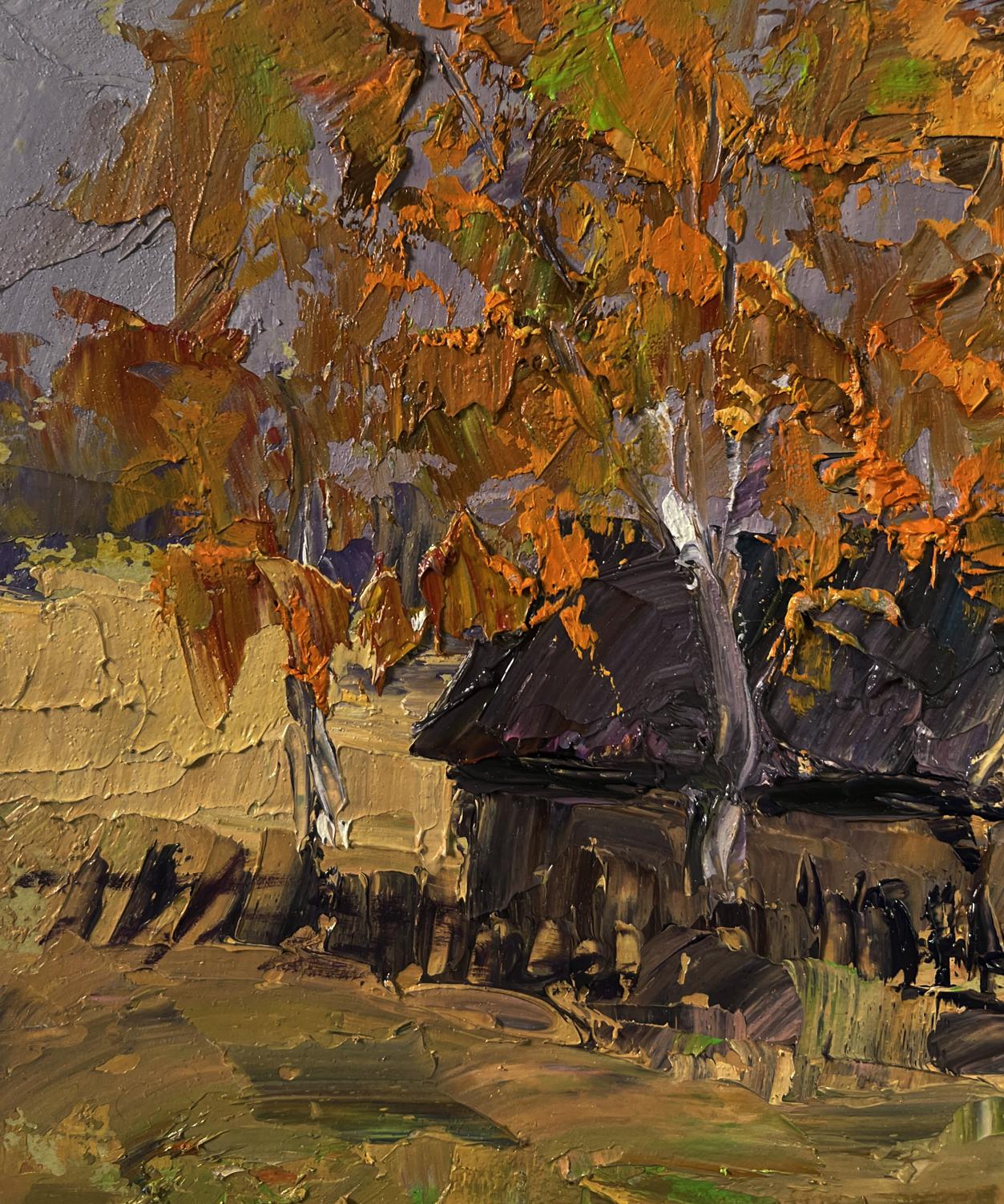 Oil painting by Boris Serdyuk: autumn trees frame rustic house, cows graze