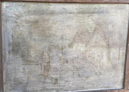 Weathered oil painting of young couple on bridge in wooden frame