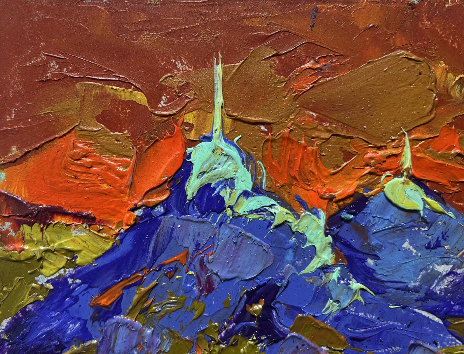 Oil painting Full moon in the field by Oleksiy Ivanyuk vibrant blue orange on red