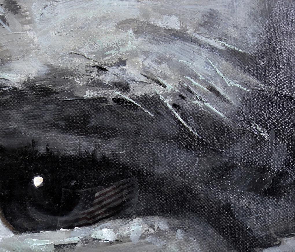 Monochrome abstract oil painting by Josef Ed Potapenkov with flag motif