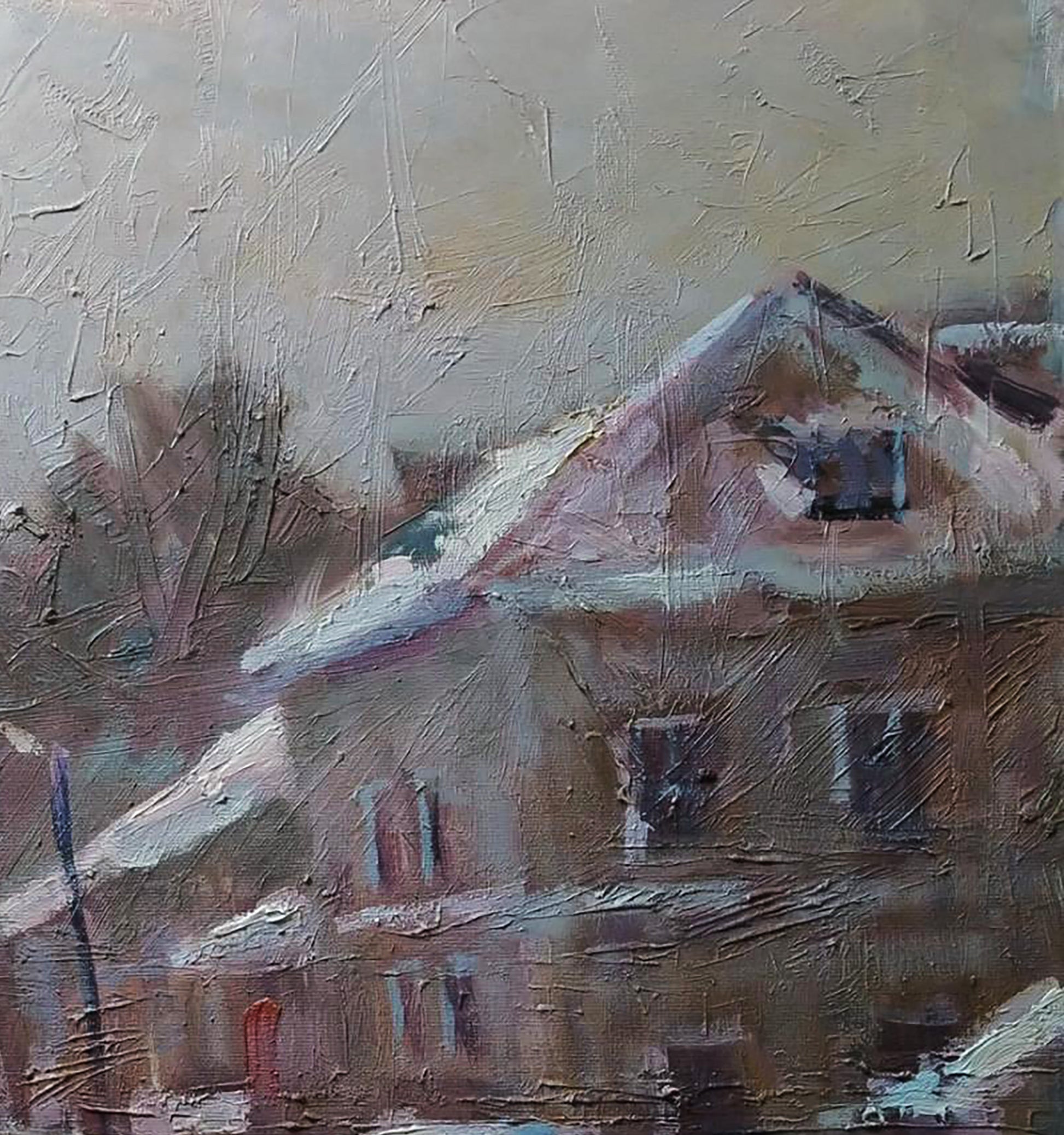 Oil painting Opishnia by Volodymyr Pashchenko: snow-dusted house