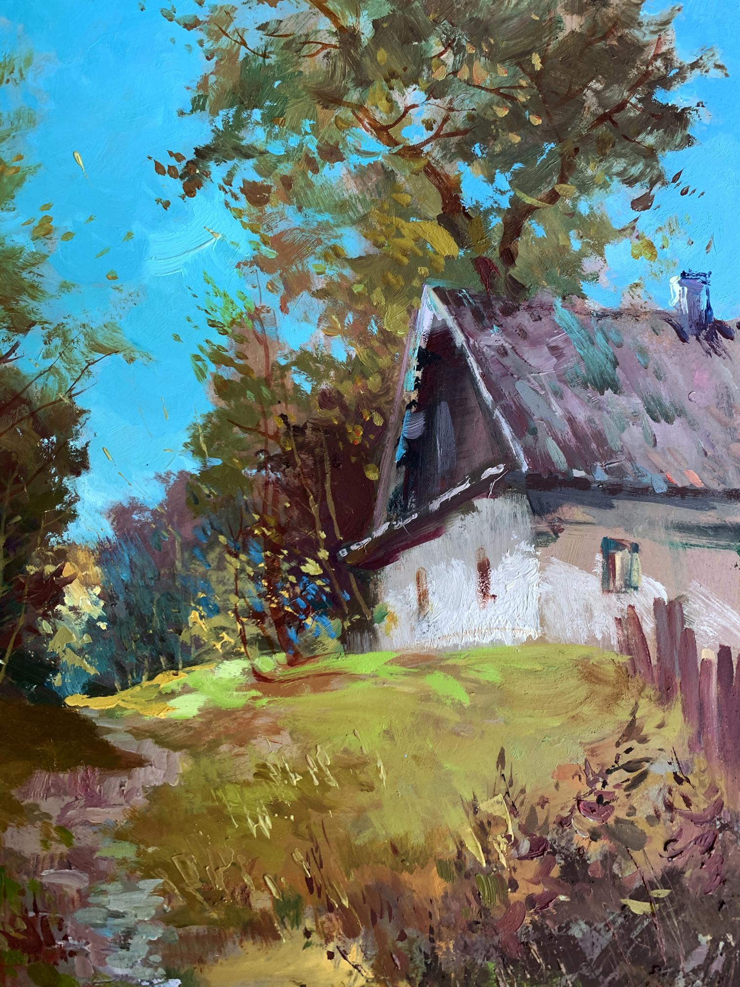Impressionistic oil painting of early morning rustic village cottage by Yuriy Suprunchuk