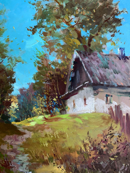 Impressionistic oil painting of early morning rustic village cottage by Yuriy Suprunchuk