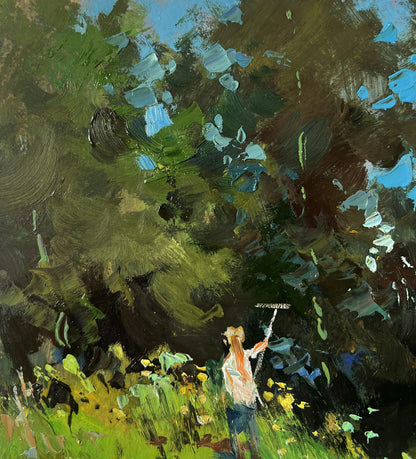 Person under lush trees holding brush pole in Yuriy Suprunchuk oil painting