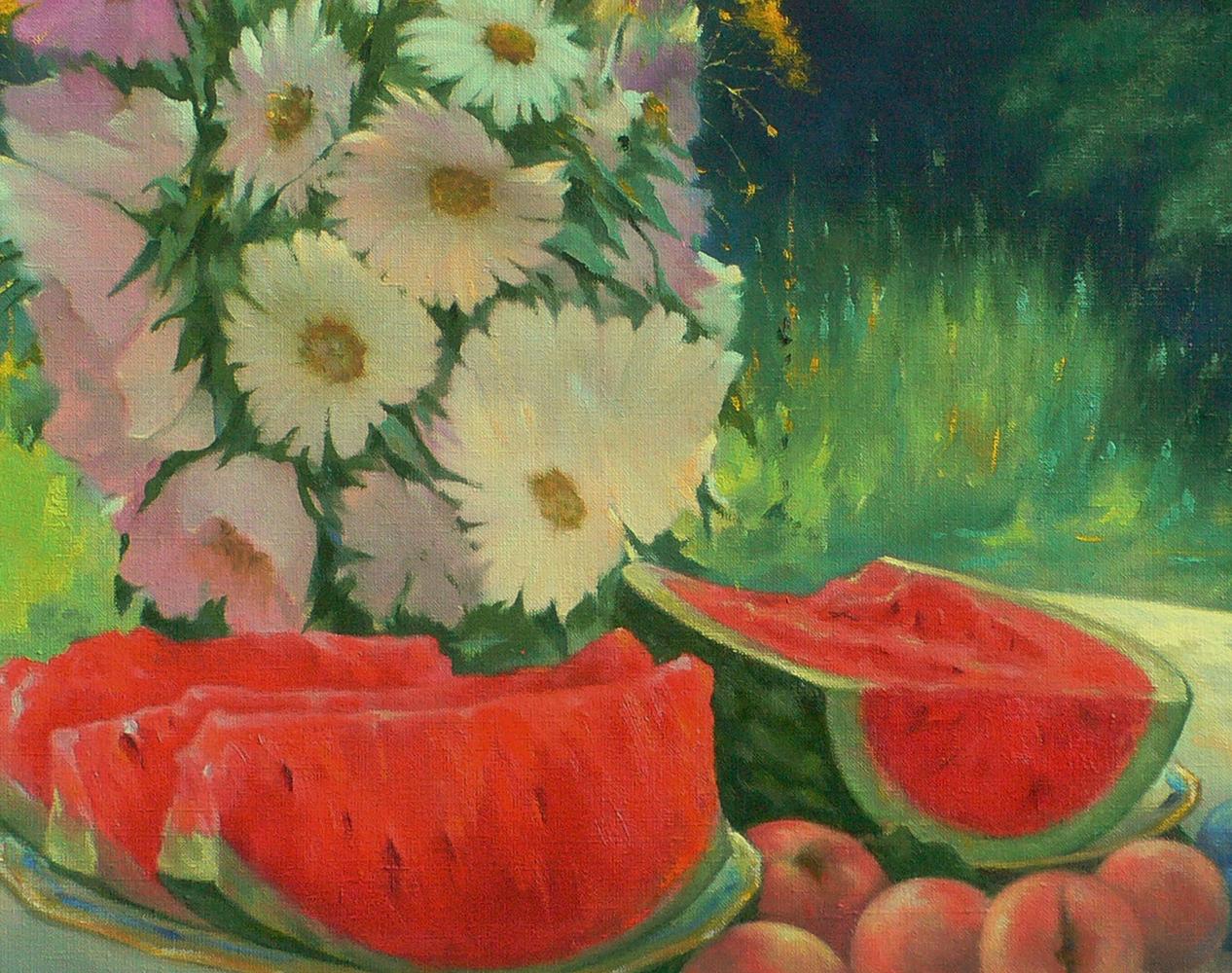 Vibrant oil painting of pink and white daisies by Vasily Korkishko
