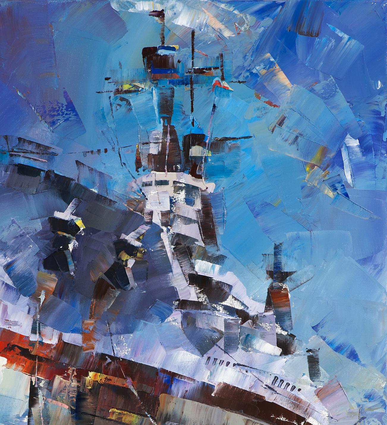 Abstract blue and white oil painting of USS Texas BB-35 in Norfolk dry dock