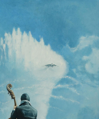 Oil painting of contrabass on langeron by Oleg Kateryniuk with clouds and bird