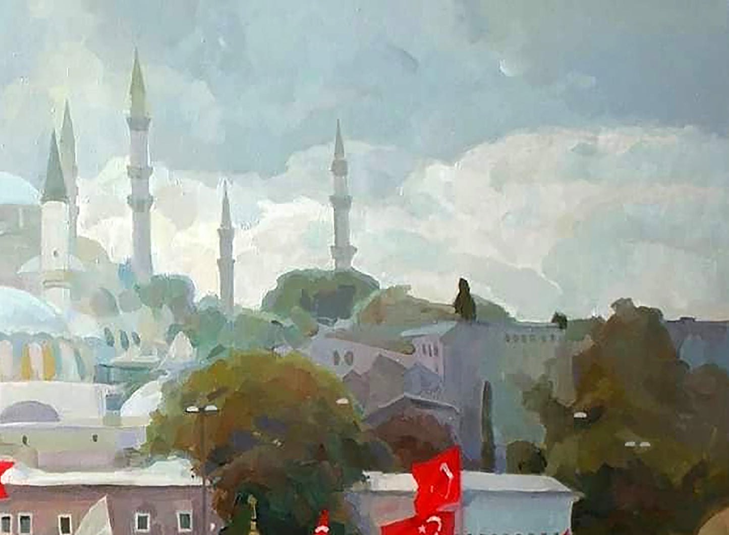 Oil painting Silver day by Anastasia Yaroshevich: impressionistic cityscape with white minarets