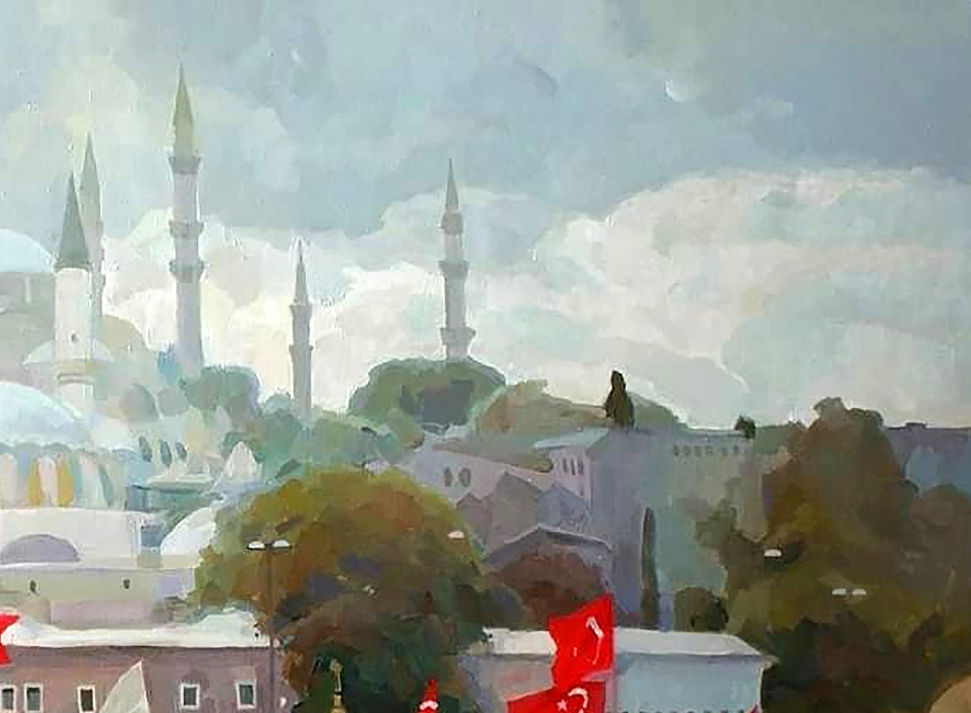 Oil painting Silver day by Anastasia Yaroshevich: impressionistic cityscape with white minarets