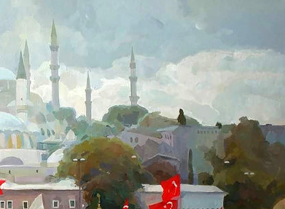 Oil painting Silver day by Anastasia Yaroshevich: impressionistic cityscape with white minarets