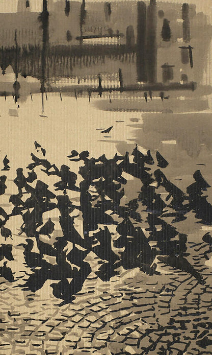 Monochromatic ink wash of birds on Dam Square by Dima Filatov