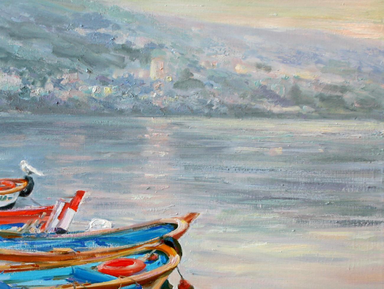 Oil painting Boats by Leonid Pavlenko: vibrant blue red boats on calm water