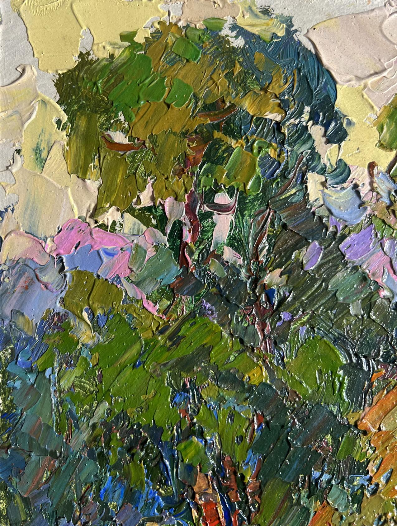 Vibrant oil painting A break from the city by Oksana Ivanyuk lush tree foliage blossoms