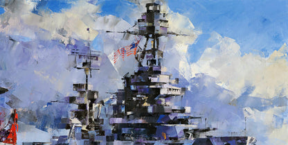 Oil painting Fearless by Volodymyr Gluhomanyuk: stylized warship with US flag