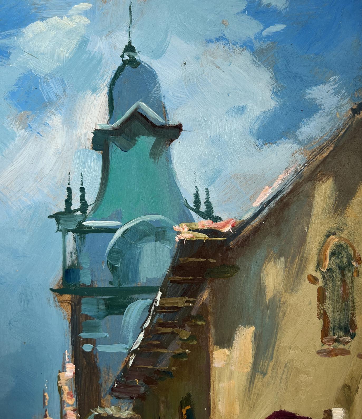 Teal bell tower oil painting by Yuriy Suprunchuk against blue sky