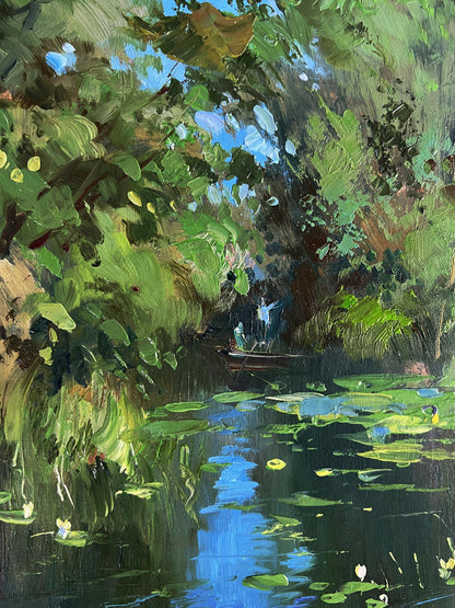Vibrant impressionist oil painting of forest summer lake by Yuriy Suprunchuk
