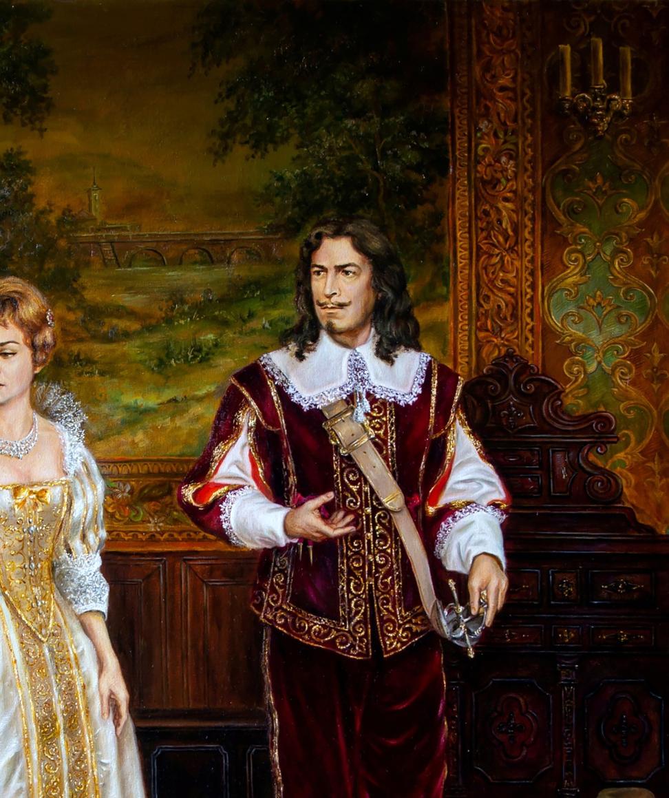Oil painting of Valeriy Bulat burgundy velvet doublet with gold and lace