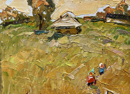 Oil painting by Oleksiy Ivanyuk: thatched cottage on village road to reservoir