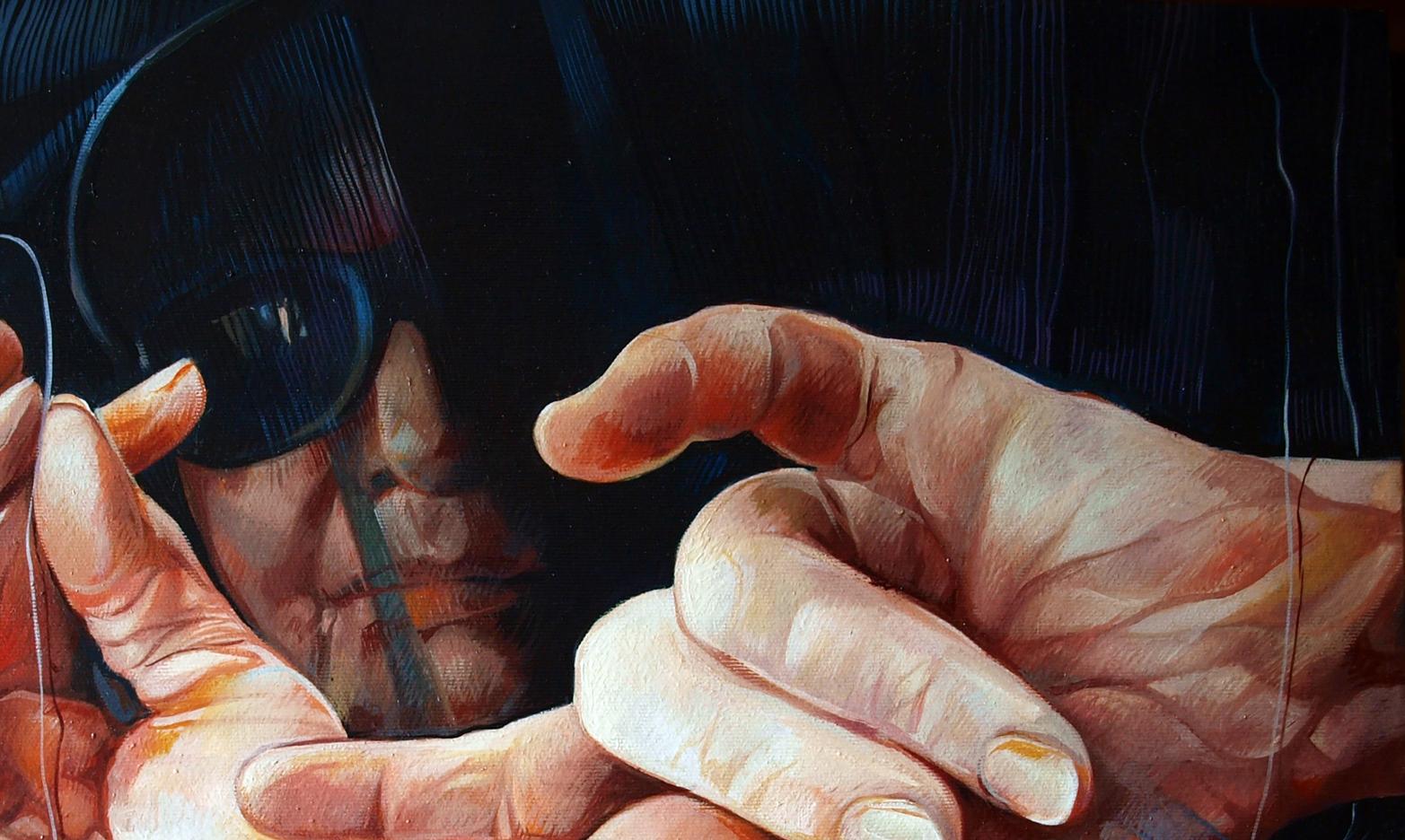 Oil painting Hands of Fortune by Konsta G. Amelinn: hands holding black magnifying glass