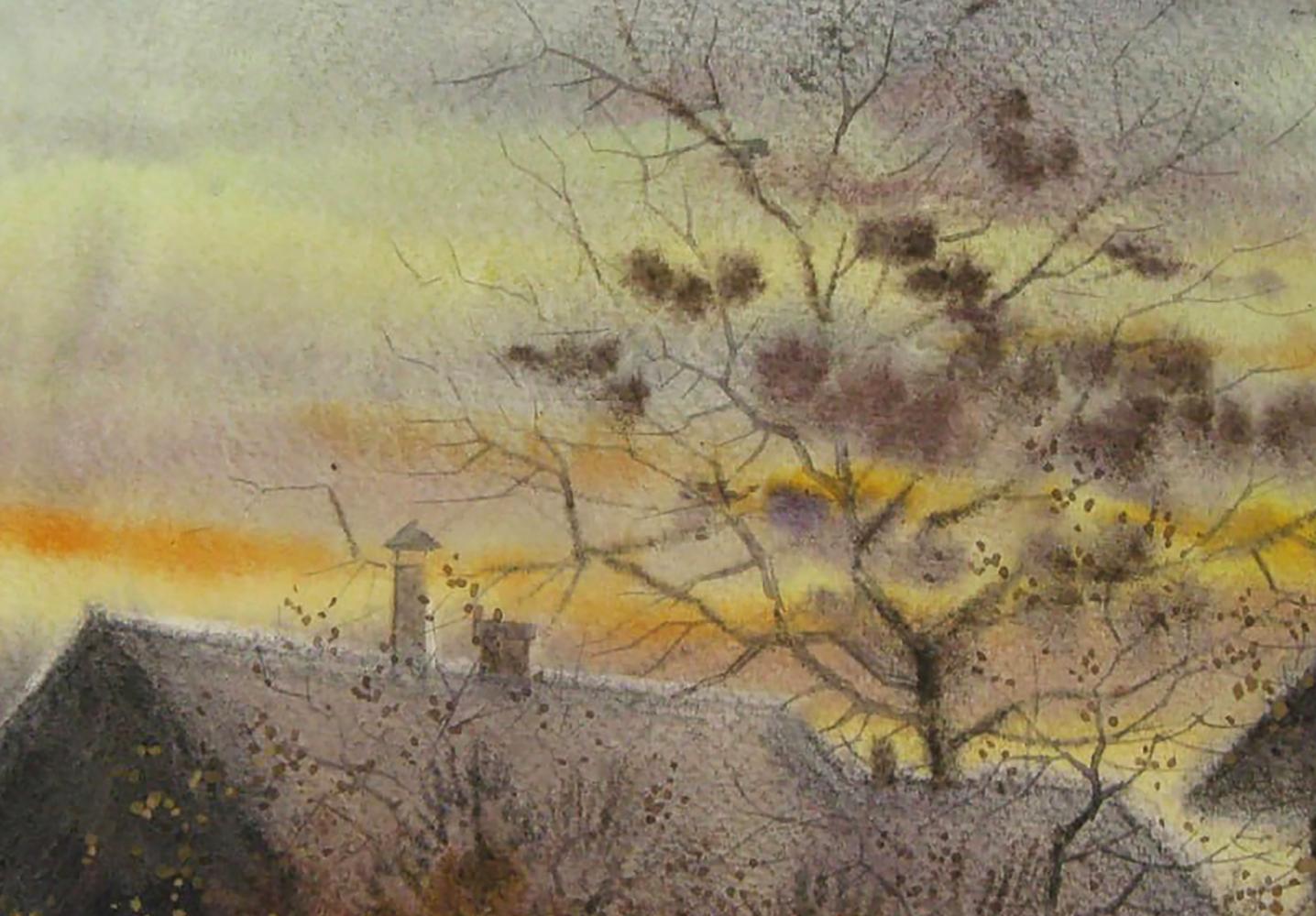 Watercolor painting Winter is coming by Valery Savenets: house roof with bare tree branches against warm gradient sky