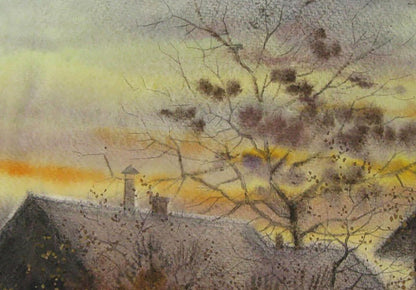 Watercolor painting Winter is coming by Valery Savenets: house roof with bare tree branches against warm gradient sky