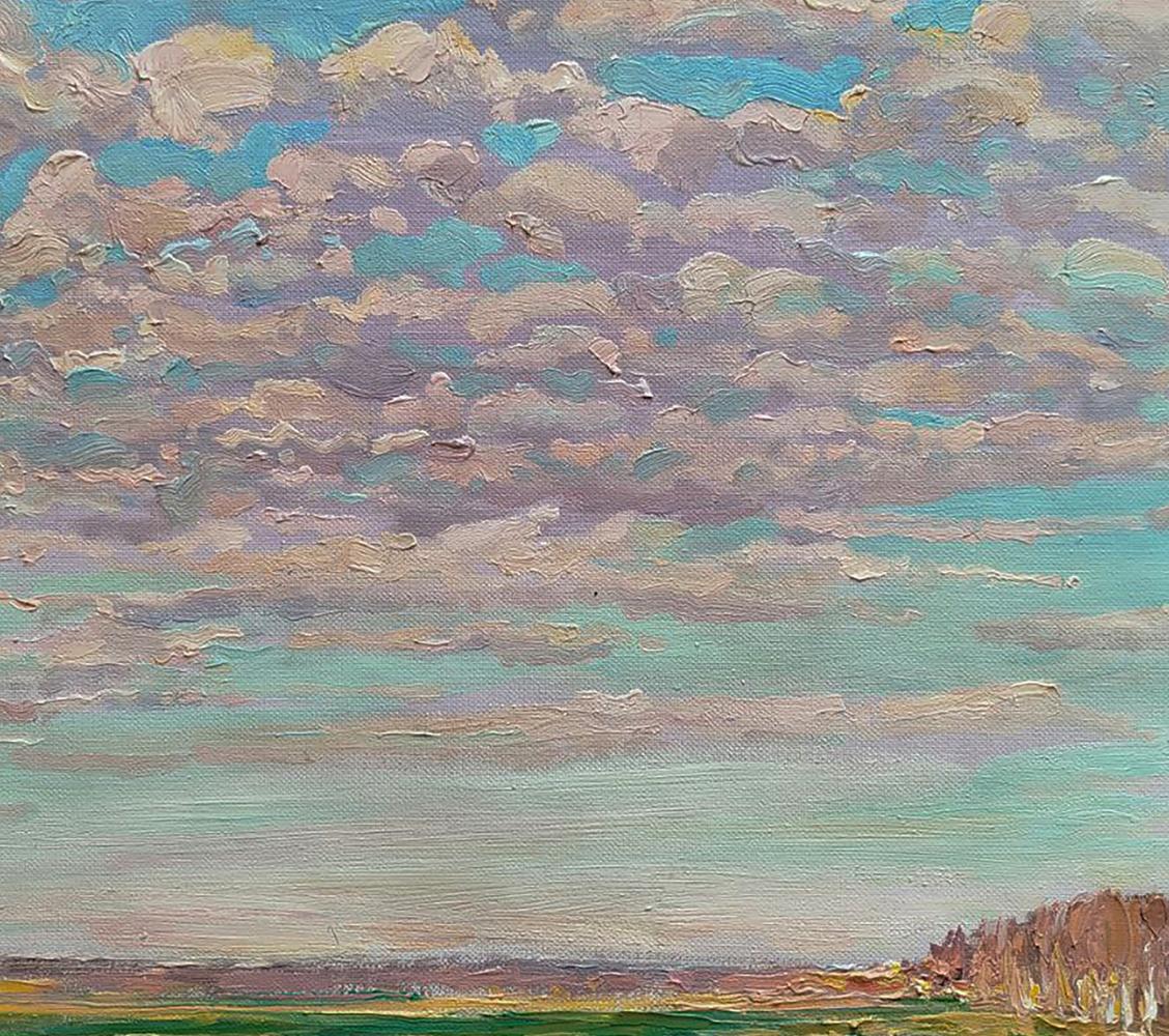Oil painting of spring fields expanses by Leonid Pavlenko with lavender clouds