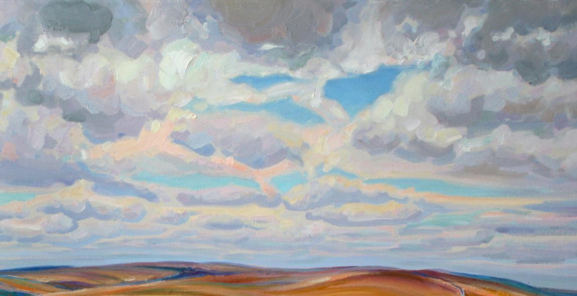 Oil painting Endless distances by Leonid Pavlenko: swirling cloudy sky over hills