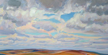 Oil painting Endless distances by Leonid Pavlenko: swirling cloudy sky over hills