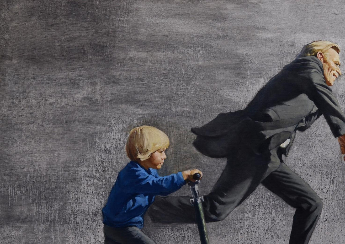 Oil painting Chasing the Rain by Oleg Kateryniuk: boy pushes man