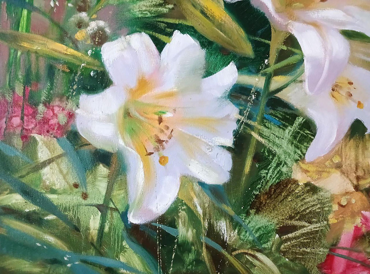 Abstract impressionistic oil painting of delicate white lily by Anatoly Tarabanov