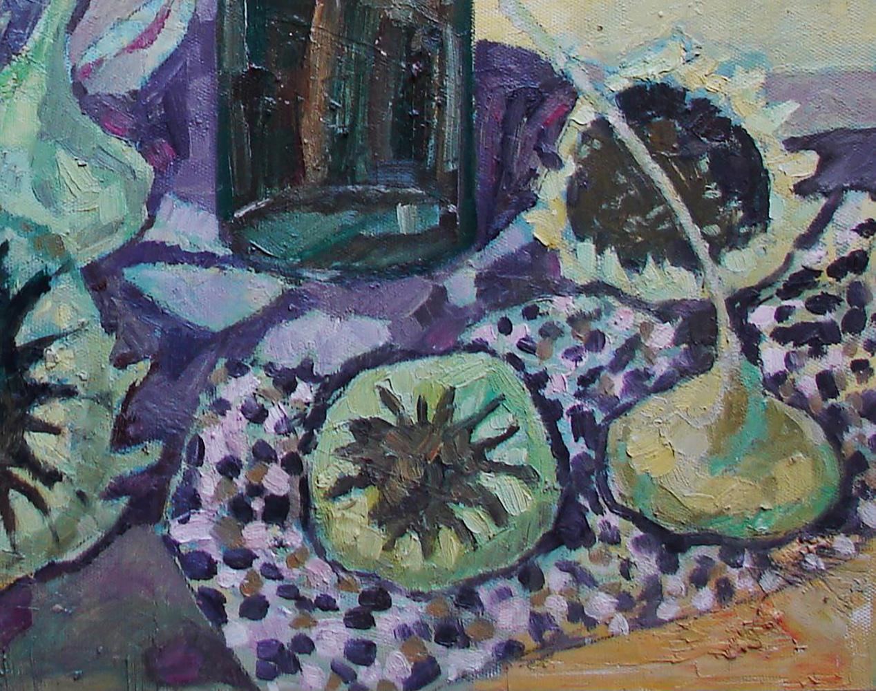Oil painting by Tatyana Shulyak: impressionistic green purple cloth with sliced fruits