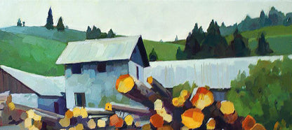 Oil painting of rustic gray sawmill barn by Anastasia Yaroshevich