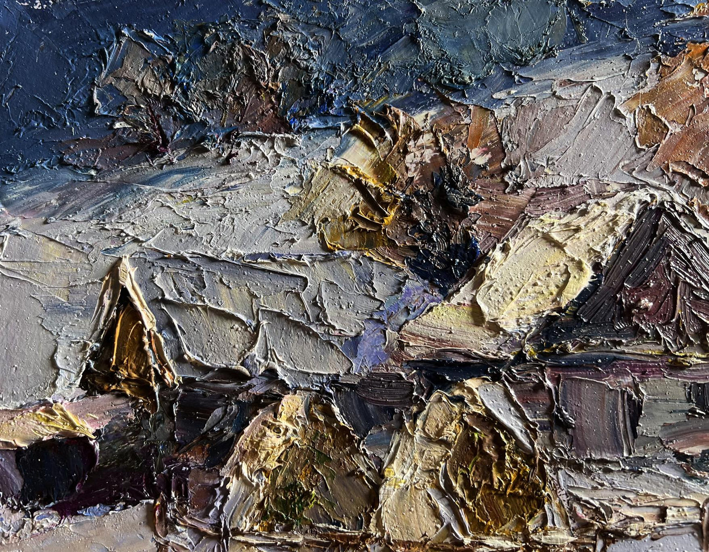 Textured impasto oil painting of winter village evening by Boris Serdyuk