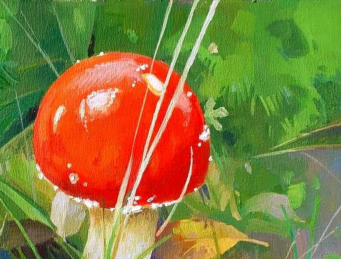 Oil painting of vibrant red mountain mushroom with white spots by Anastasia Yaroshevich