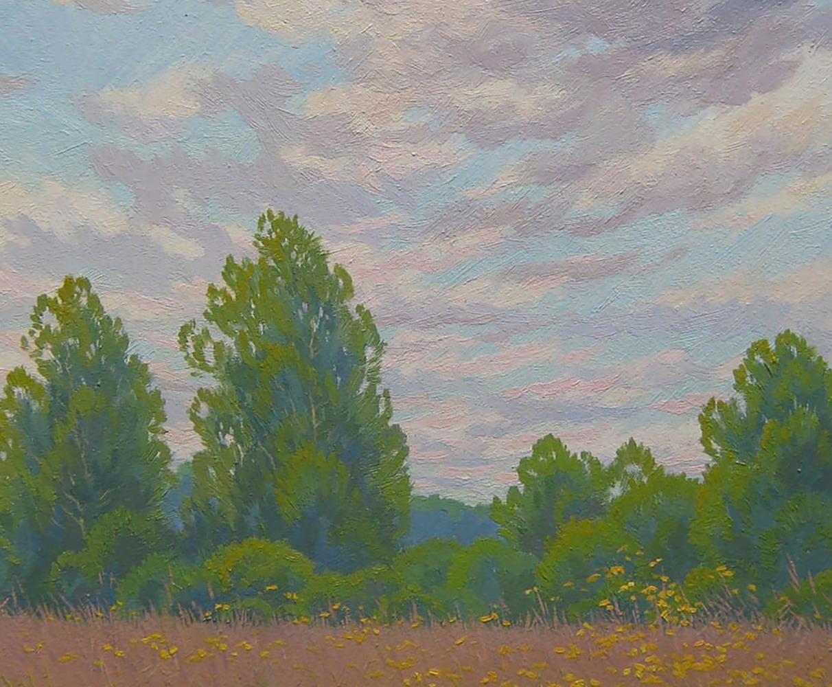 Oil painting Summer nature by Valery Savenets: serene trees under pink blue sky