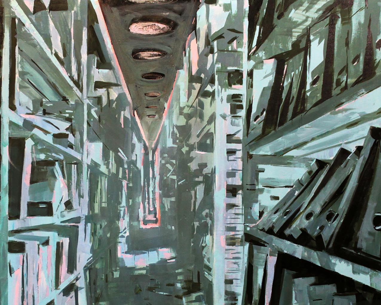 Oil painting Archive Ed Potapenkov: abstract industrial corridor with metallic shelves and glowing lights