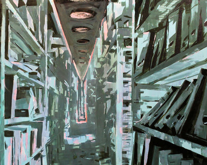 Oil painting Archive Ed Potapenkov: abstract industrial corridor with metallic shelves and glowing lights