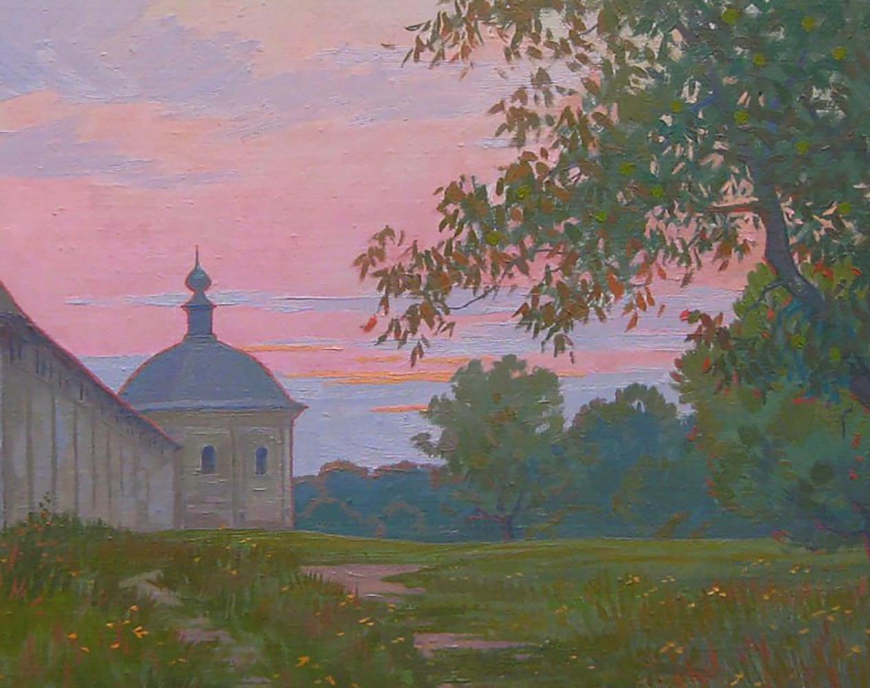 Oil painting Warm summer evening by Valery Savenets serene church sunset