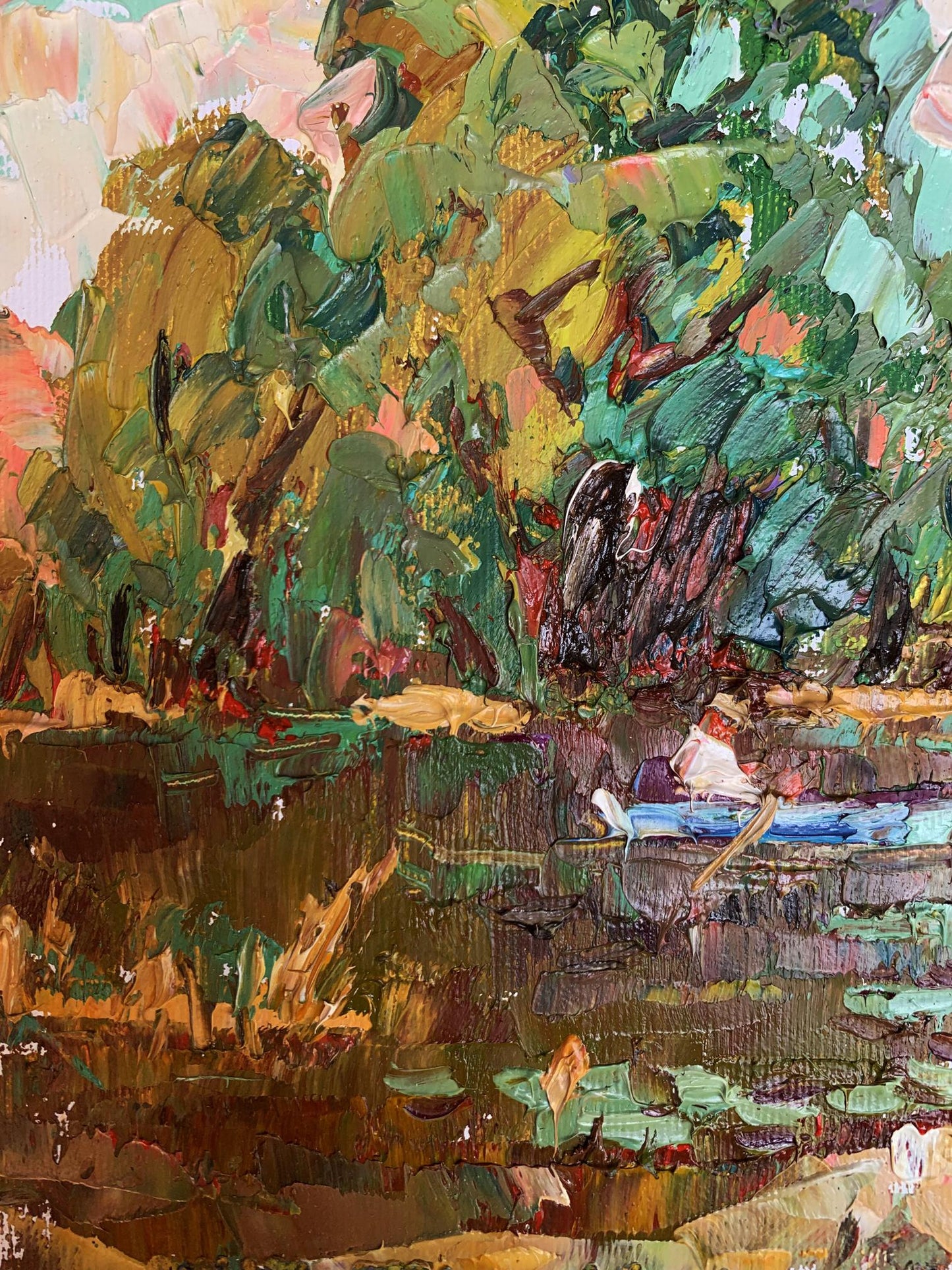 Vibrant oil painting On a blue boat by Oleksiy Ivanyuk with lush foliage